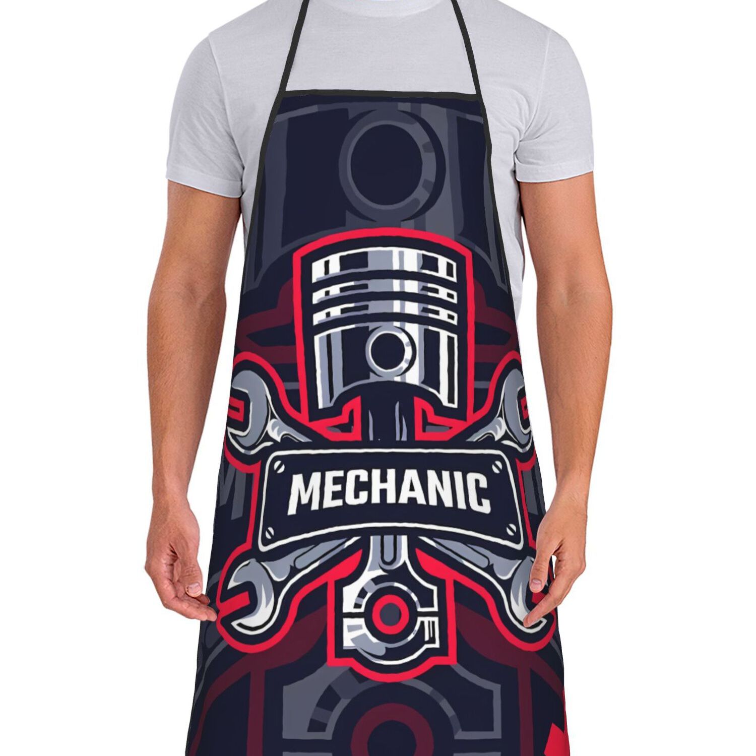 TEMU Adjustable Car Mechanic Garage Piston Skull Auto Repair Bib Apron, Soft Polyester Kitchen Apron, Cooking Baking Uniform For Restaurant 2d Print