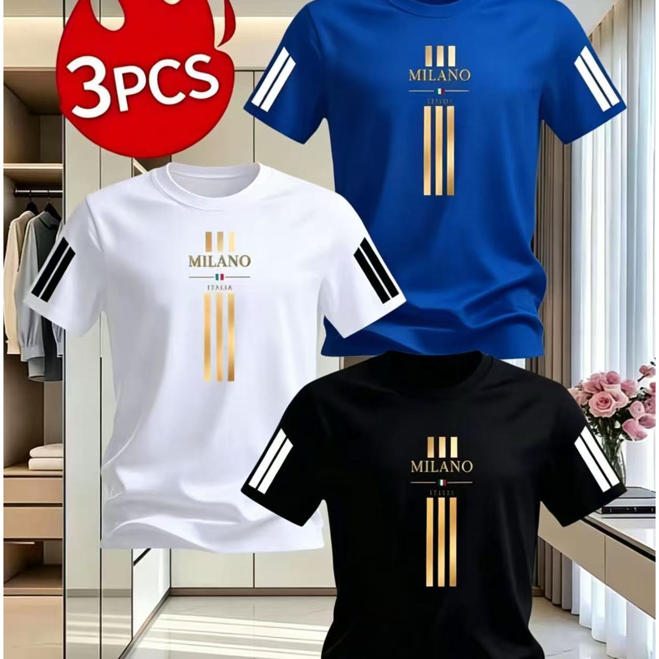 TEMU 3pcs Fashion Graphic Tee Bundle, Vertical Stripe Print With Arm Stripe Detail, Mixed Color Lightweight Shirts For All Daily Occasions