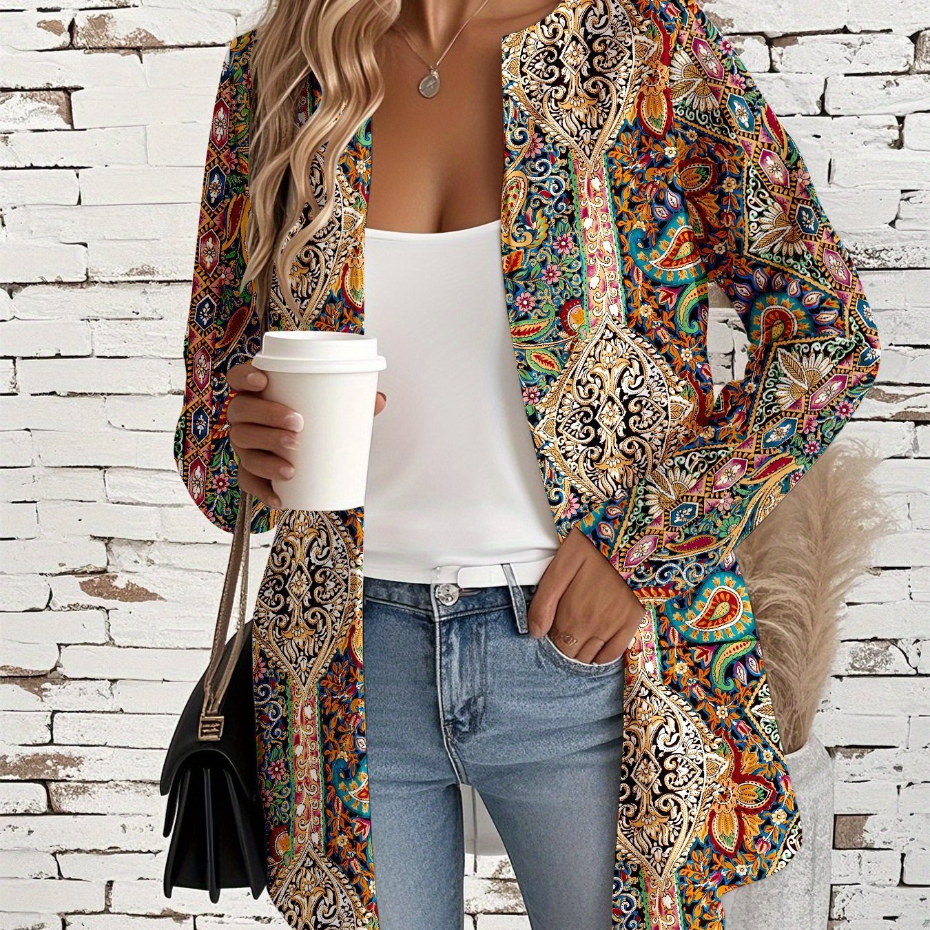 Spring And Autumn Elegant Commuter Long Sleeve Mid-length Striped Paisley Print 's Open Front Cardigan, Buttonless Versatile Lightweight Jacket