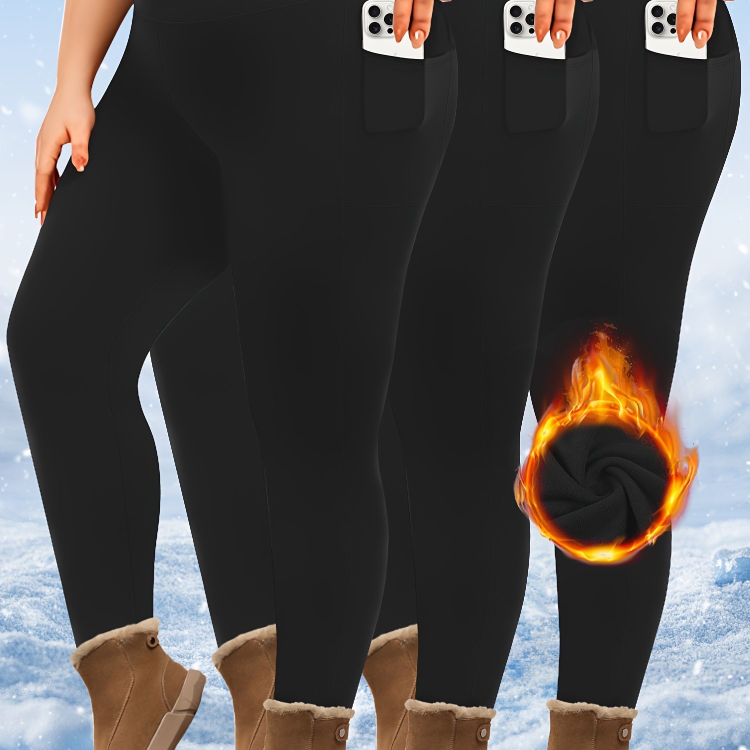 Image of Plus Size - Plus Size - Plus Size Leggings With Pockets For Women, Women's Fleece Lined Leggings With Pockets, Winter Warm Lined Pants High Waisted Thermal Tights