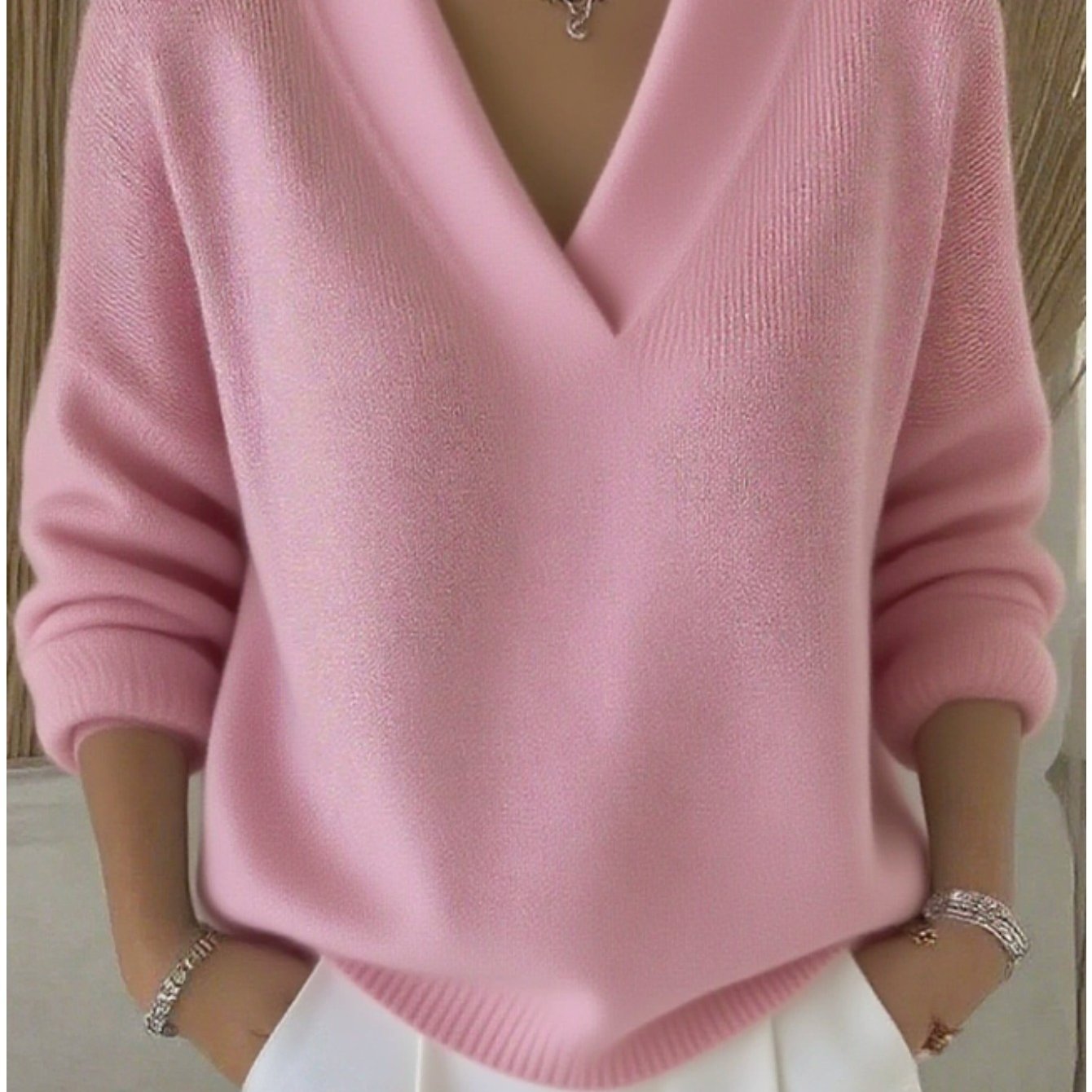 Image of Plus Size - 1 Women's V-neck Long-sleeve Cashmere Sweater, Loose-fitting Soft Pullover, Basic Solid-color Lightweight And Warm Top For Commuting And Everyday Wear, Fall/winter Style