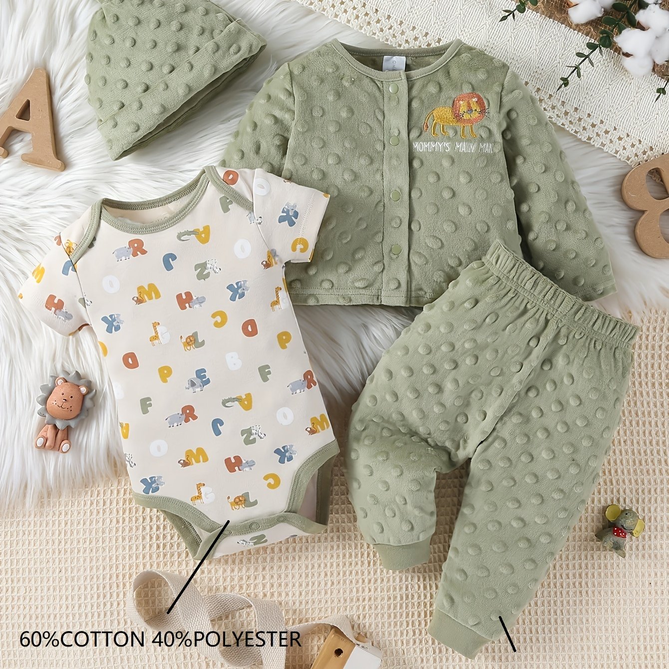 Image of 4pcs Autumn/winter Set For Boys, Featuring Cartoon Lion And Letter Print, Velvet Long-sleeved Hooded Baby Boy Outfit, Perfect For Outdoor