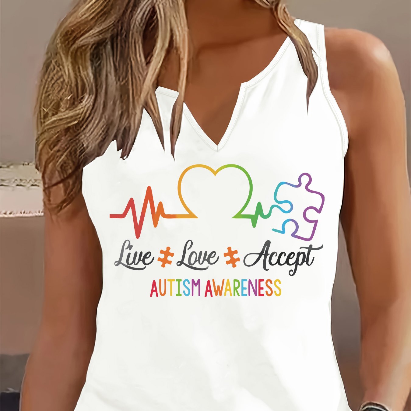 TEMU Fashionable Women's Sleeveless Top With A V-neck, Featuring A Heart Puzzle Design That Supports Autism Awareness, Comfortable And Breathable