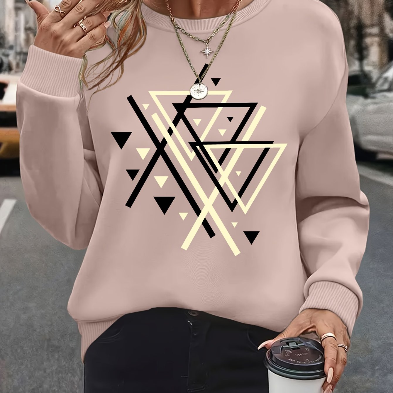 TEMU Plus Size, Women's Oversized Plus-size Gray-black Geometric Sweater - Soft Round Neck Pullover Sweater Suitable For Fall Winter, Casual Layering