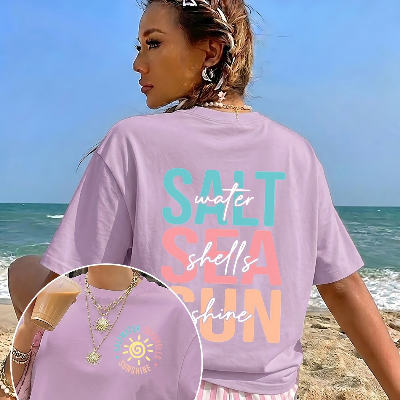 TEMU Seashells , Summer Atmosphere Beach Vacation Pattern Printed Women's Summer Round Neck Casual All-match Athletic T-shirt, Daily Home And