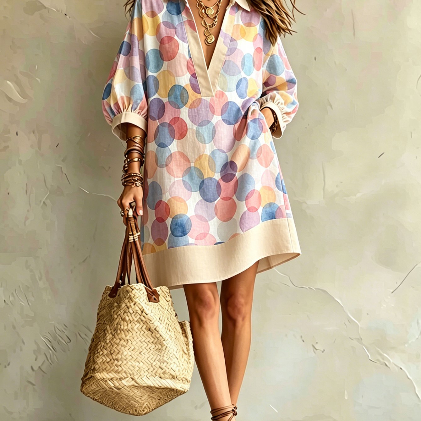 Image of Women's Summer Dress, Summer Style, Colorful Polka Dot Lapel 3/4 Sleeves, Loose , Casual , Breathable Skin-friendly Fabric, Flattering And, Perfect For Beach Vacation, Daily , Shopping And