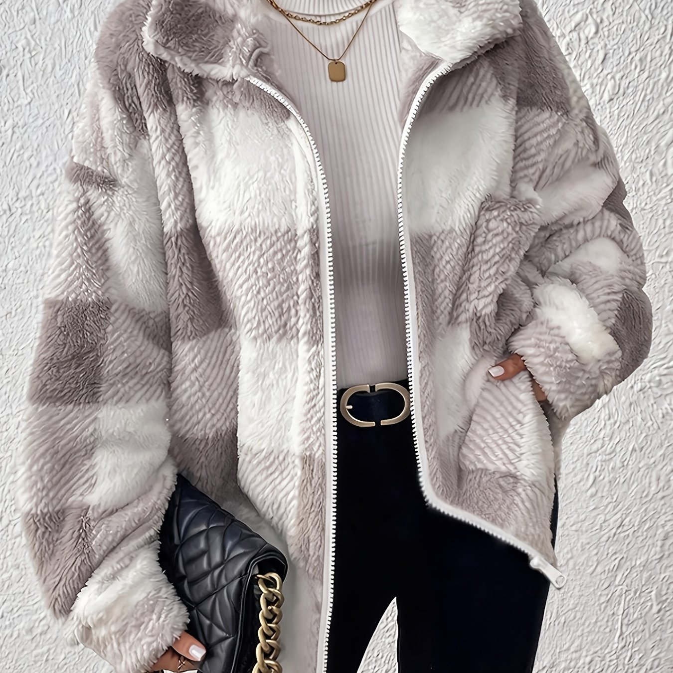 Image of Women's Plush Faux Teddy Jacket - Elegant Collar Plaid Coat With Pockets, Gray & White Contrast Suitable For Fall/winter, Warm Blazer For Casual Outerwear, Machine Washable Teddy Coat