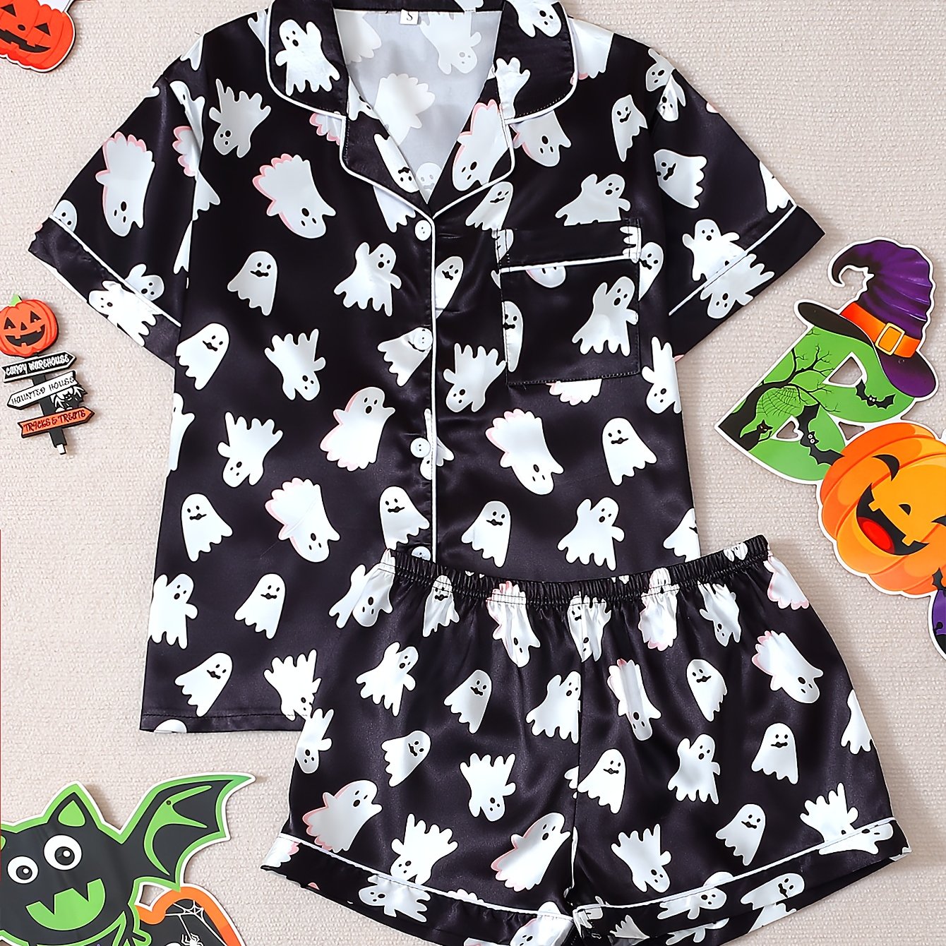 TEMU Halloween Party Women's Satin Pajama Set, Featuring A Button-up Short-sleeve Shirt With A Collar And Matching Shorts