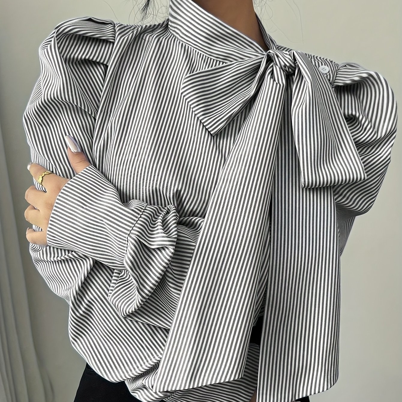 TEMU Chemise à rayures évasée et lacets pour femmes, , automne