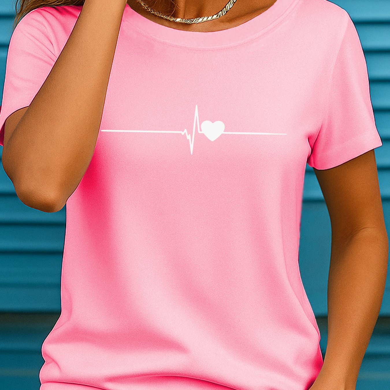 TEMU T-shirt et respirant avec imprimé cœur battant - T-shirt d'été décontracté à col rond et manches courtes pour femmes, Ii 887