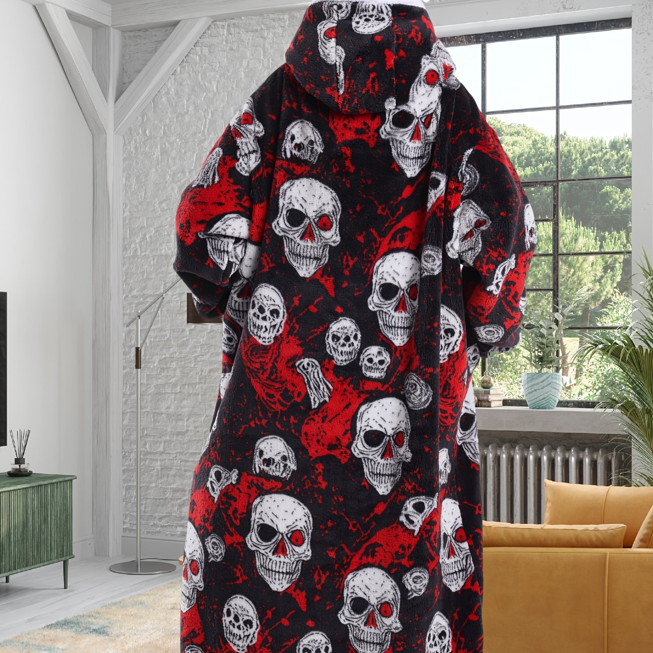 TEMU 1ps Skull Print Warm Hoodie - Halloween Oversized Men's Winter Sweatshirt, Long Sleeve Thickened Thermal Gift Set For Autumn And Winter Season -