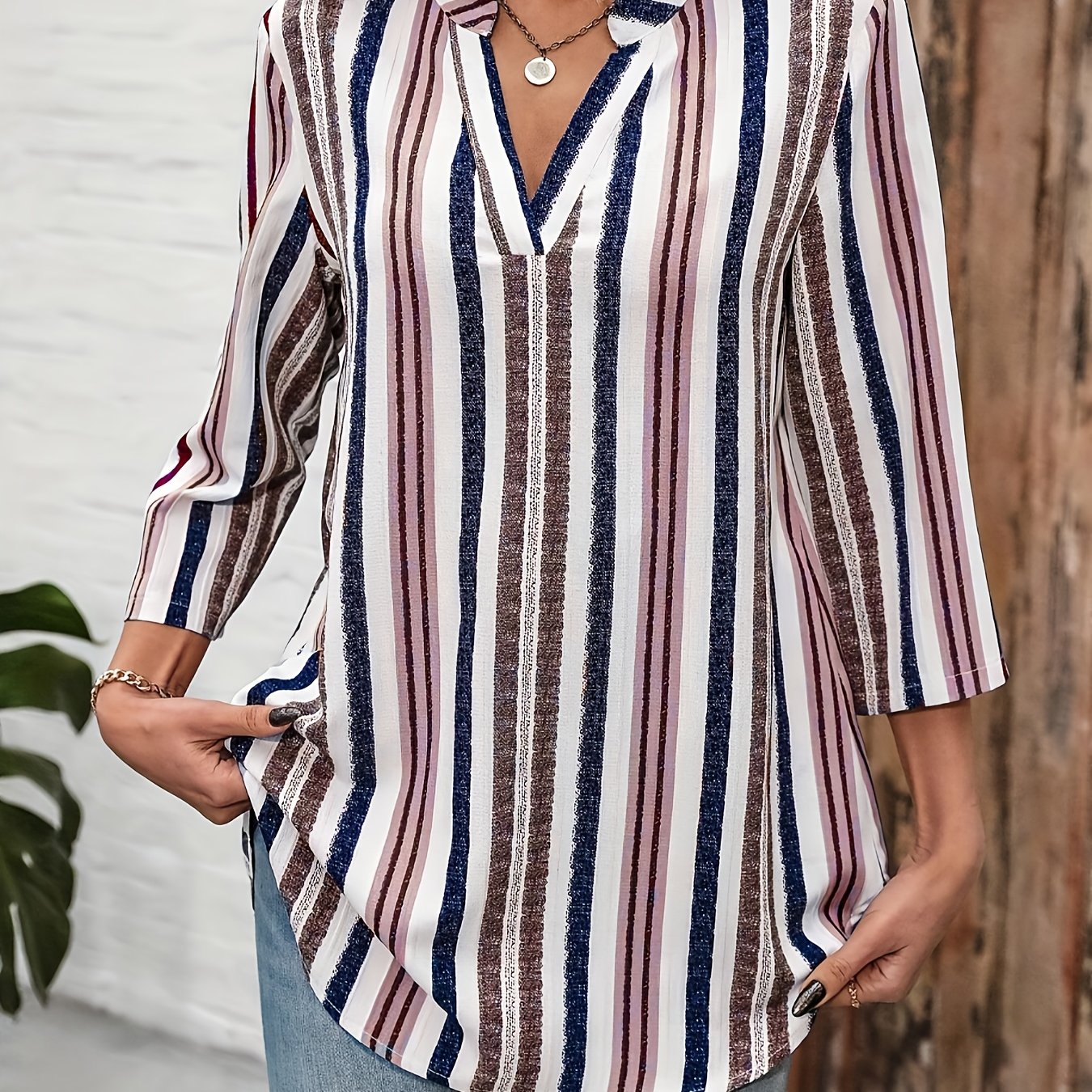 TEMU Women's Color- Striped Shirt With A Notch Collar And Rolled Sleeves, Three-quarter Sleeve Top