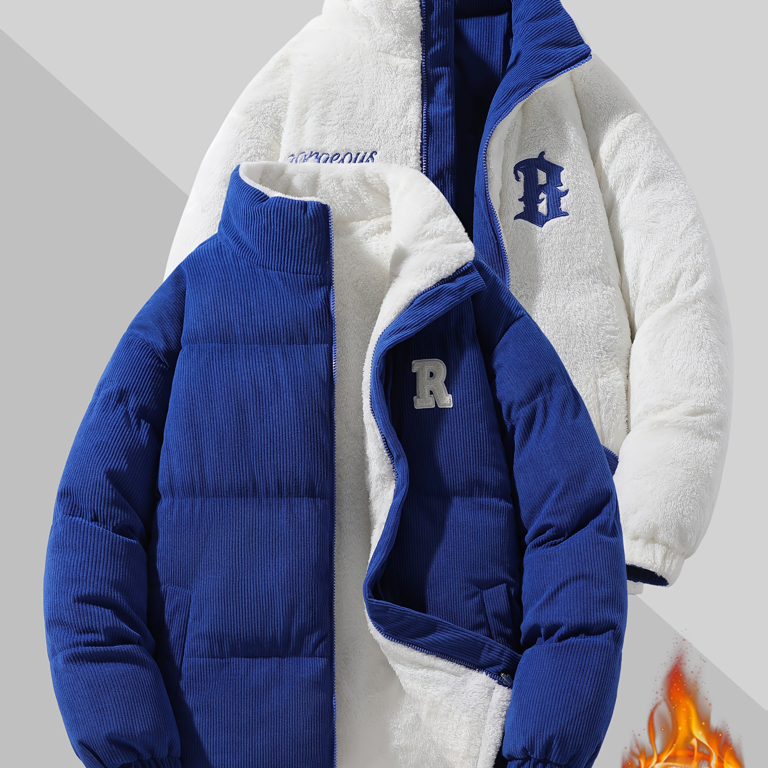 TEMU Men's Winter Jacket, -lined Fashionable Warm Casual Wear, Reversible, Machine Washable