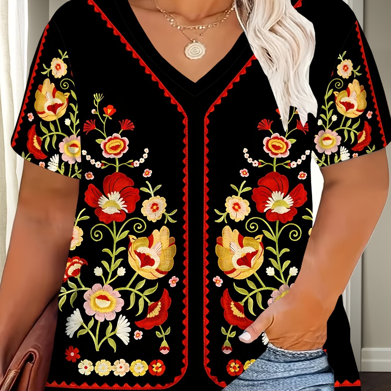 TEMU Plus Size, V-neck Style Short-sleeve Top, With Red Wavy Trim And Incorporating A Mexican Visual Style Colorful Floral Print, Perfect For A