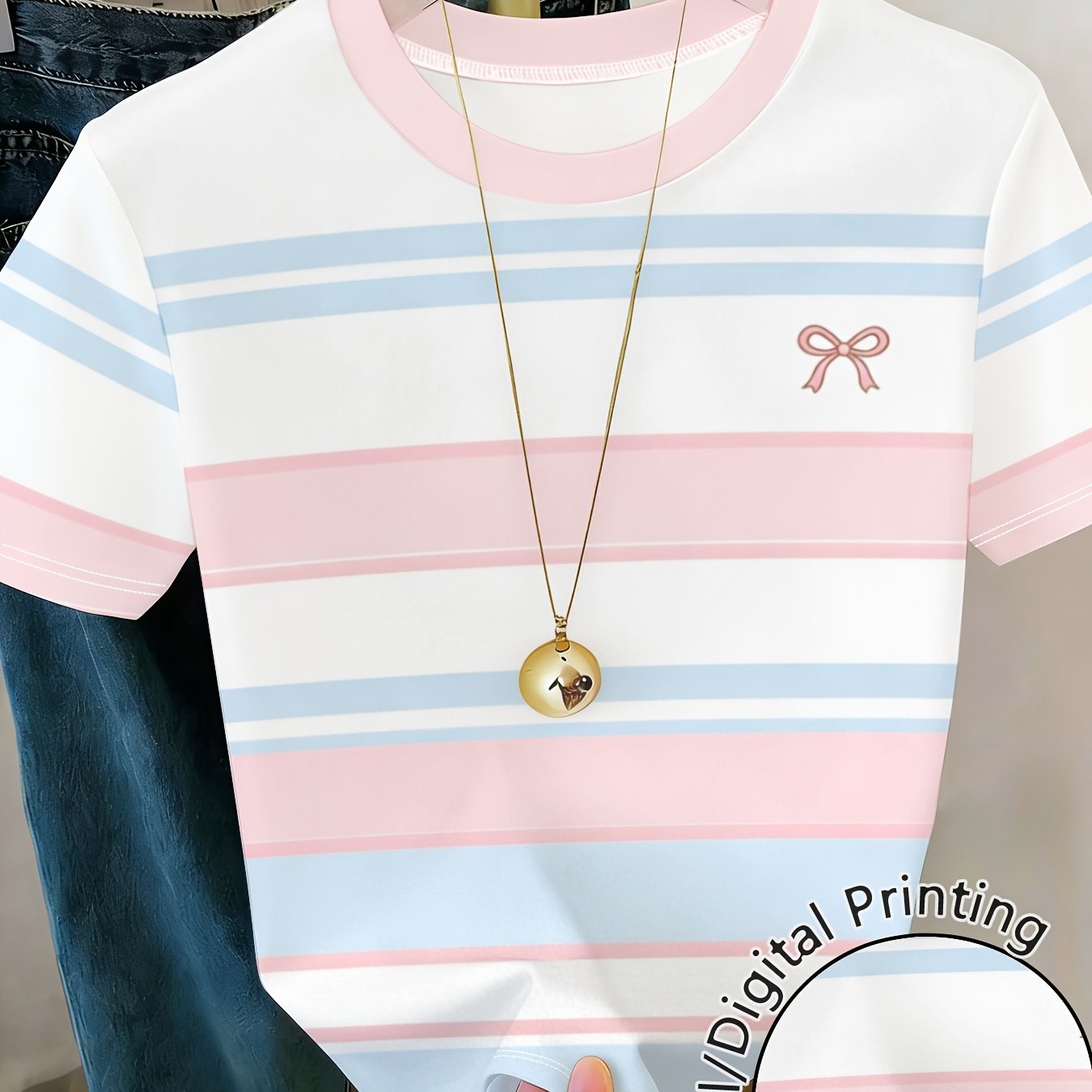 TEMU Fashion Printed Summer Casual Women's Crew Neck Short Sleeve T-shirt, Elegant Breathable Soft Slim Fit Versatile Daily Tops