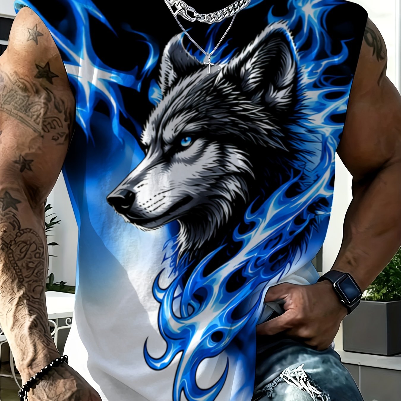 TEMU Men's Vest, Black And White Gradient Wolf Head Print With Flame Pattern, Sleeveless T-shirt For Summer Fitness And Sports, Loose Fit, Streetwear