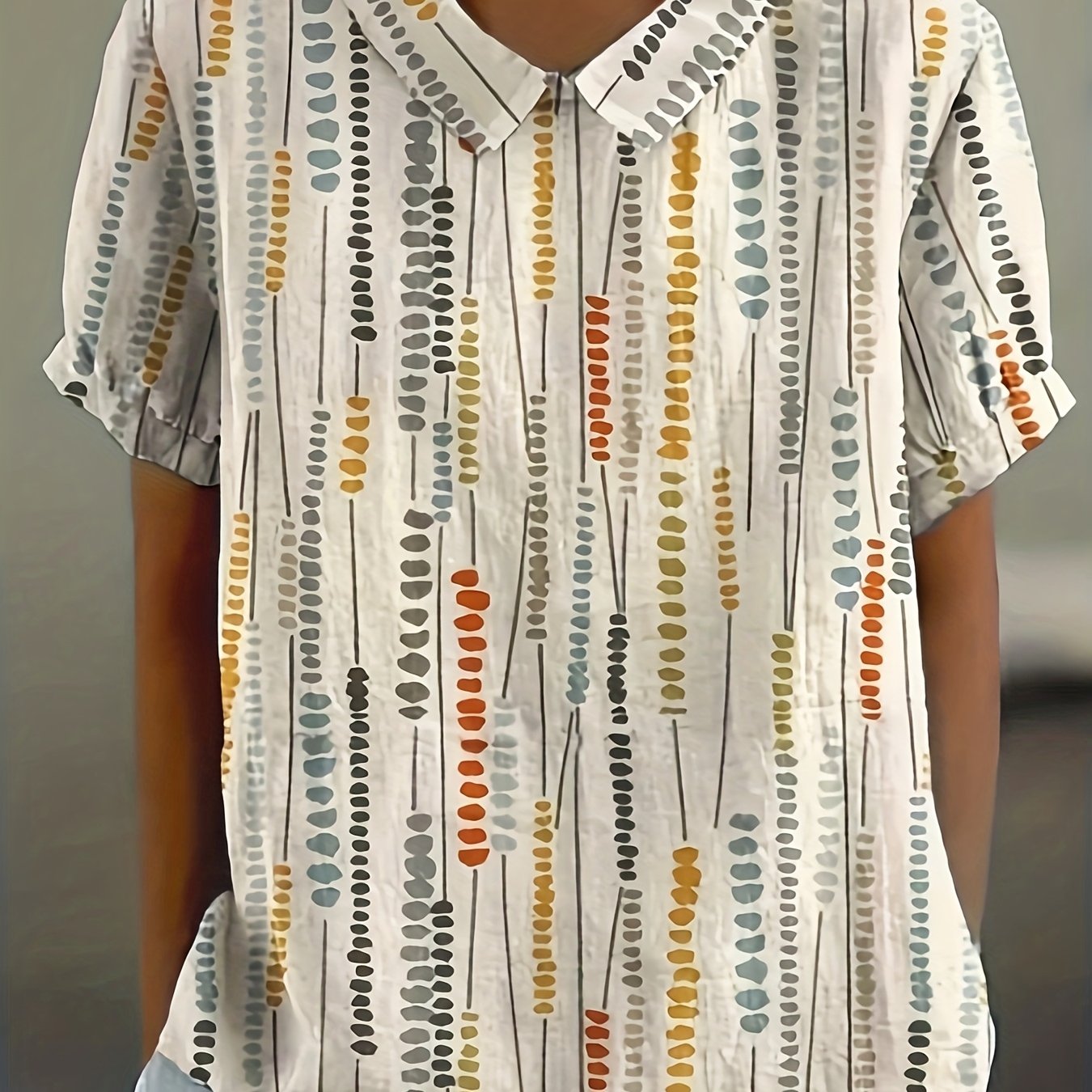 E-shop Damenshirt mit abstraktem geometrischem Muster - Kurzarmhemd mit Knopfleiste, Klassischer Kragen, Maschinenwaschbar, Ganzjahres-Vielseitiges
