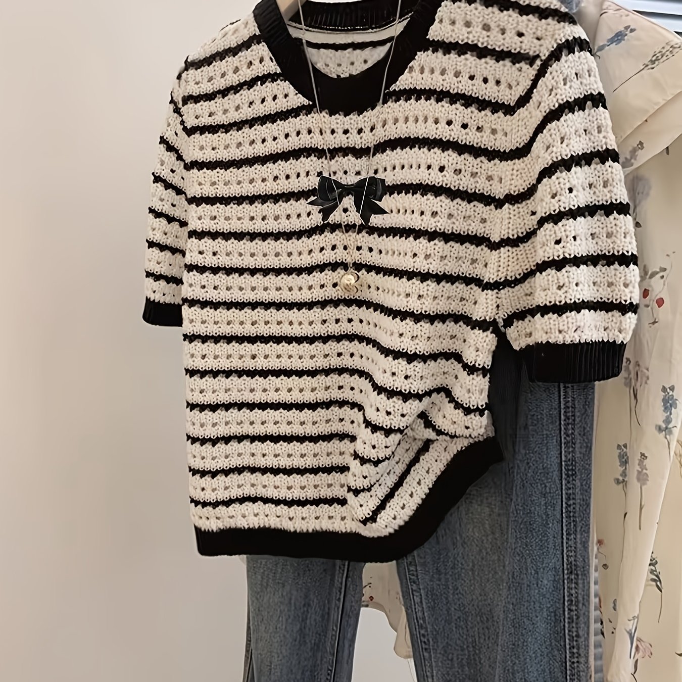 TEMU Striped Color-block Round Neck Hollow-out Bow Decoration Sweater For Women, Fashionable, Simple, Versatile, Commuting-friendly,