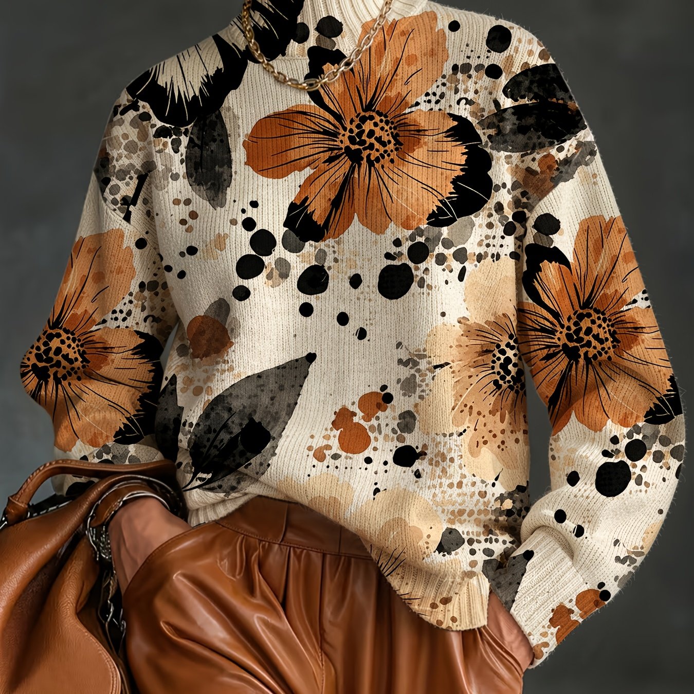 TEMU Trendy Women's Beautiful Floral Print Sweater, Autumn Winter Chimney Neck Warm Long Sleeve Sweater, Elegant All-match Pullover, Suitable For