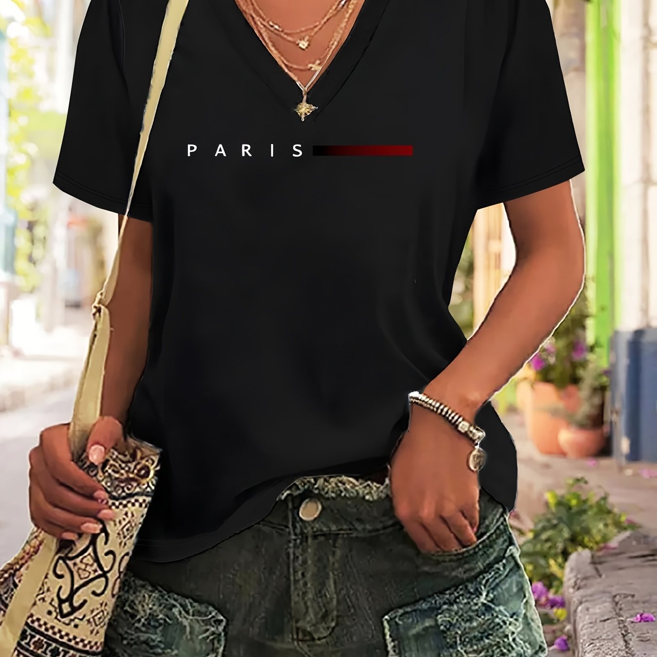 TEMU Plus Size Women's Casual V-neck T-shirt - Stretchy Short Sleeve Top With Paris Letter Print, Machine Washable Black Tee For Summer & Spring,