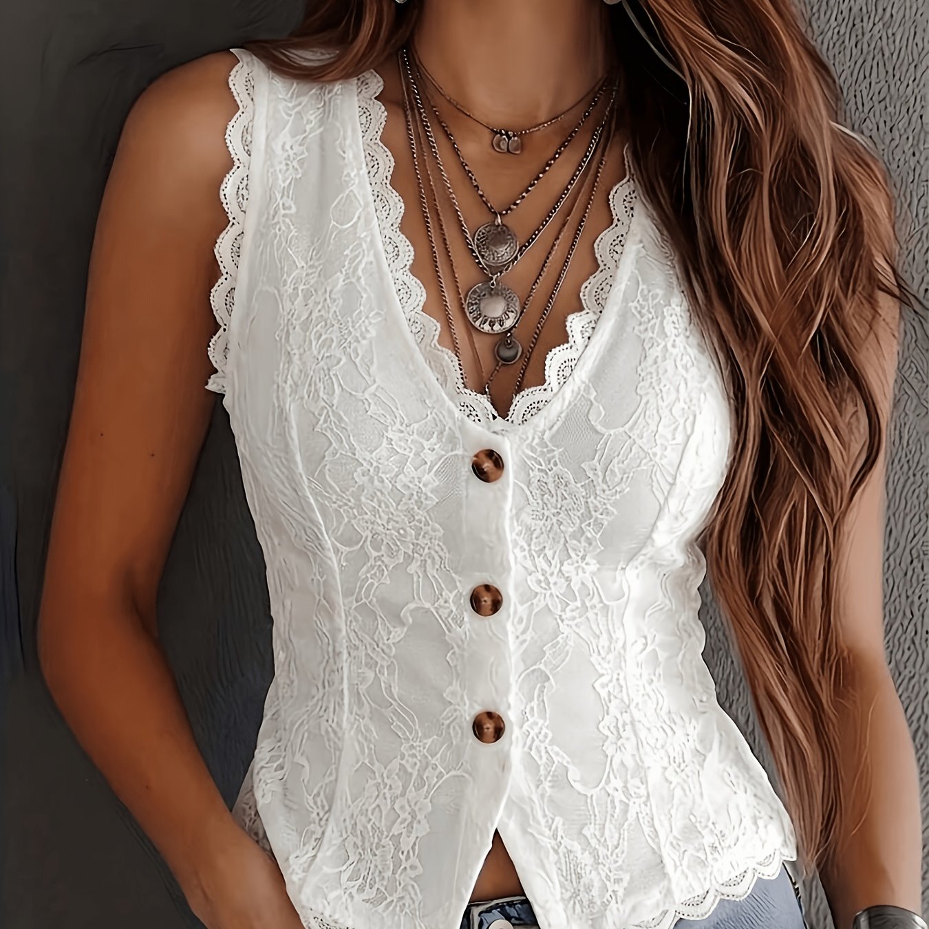 TEMU Vintage Western Style Lace V-neck Vest, Front Button Sleeveless Top, Elegant For Vacation/party Casual