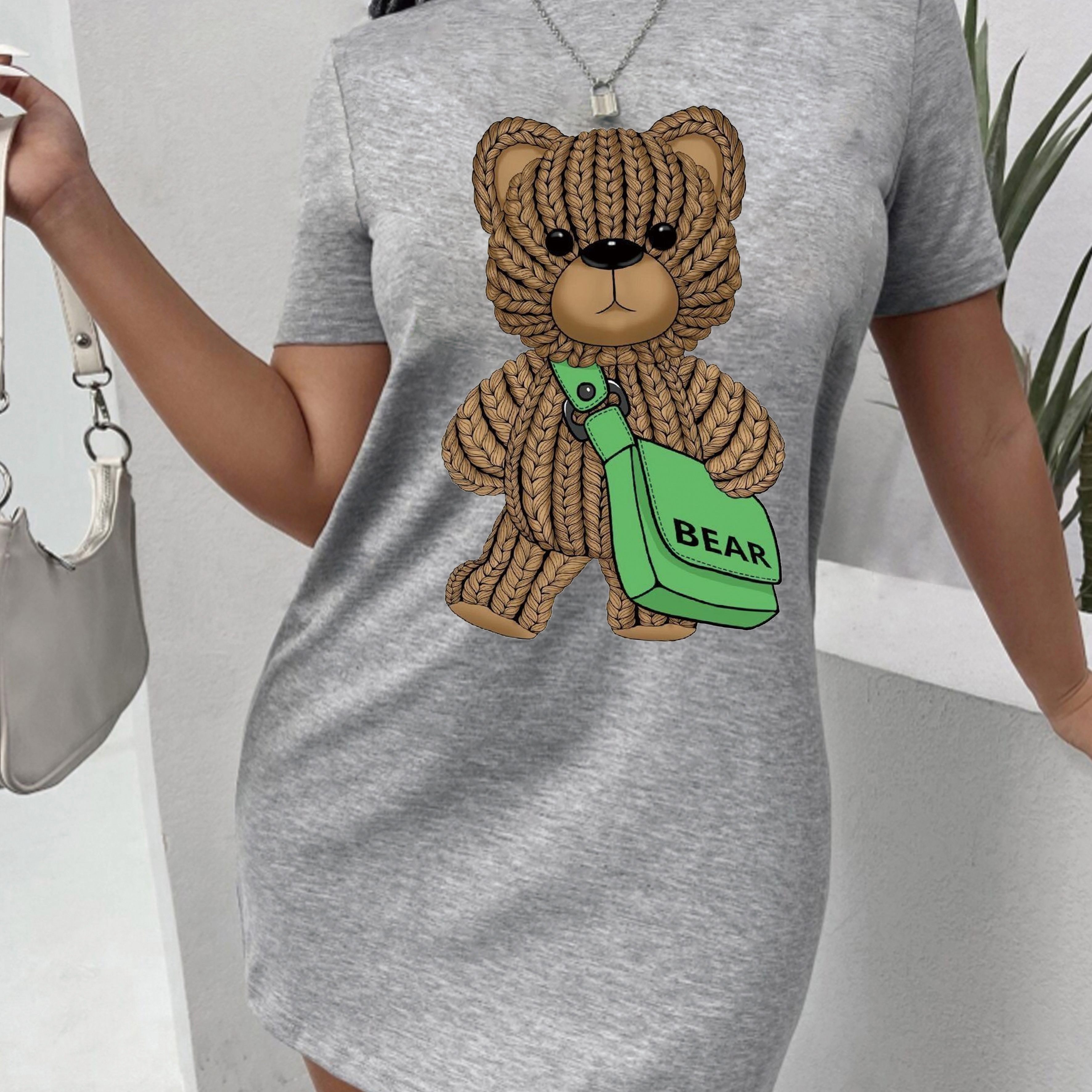 TEMU Vestido Casual para Mujer - con Estampado Adorable de Oso, Tejido y Transpirable, Silueta Ajustada y Cuello , Estilo , Ropa Lavable a Máquina