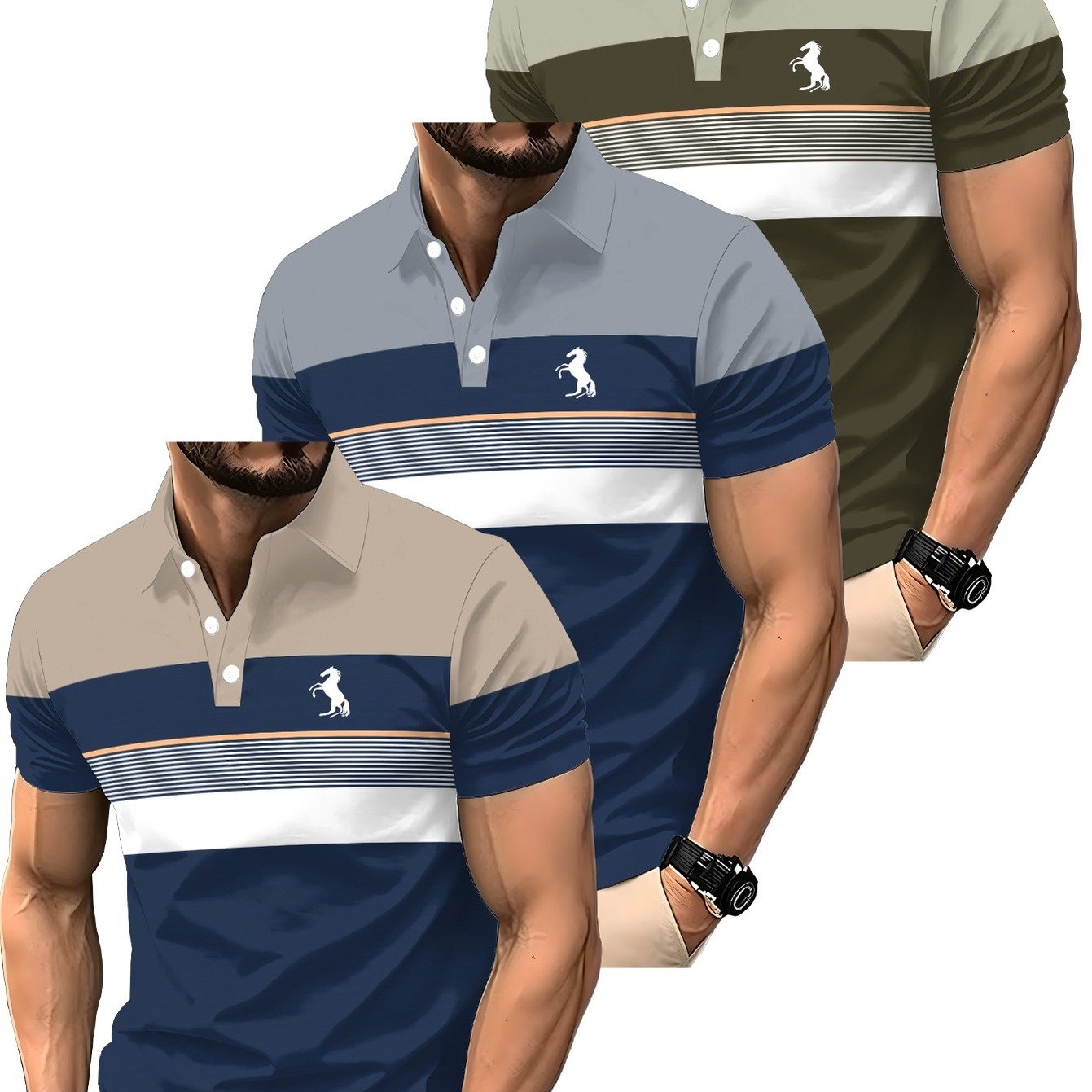 TEMU 3pcs Men's Short Sleeve Shirt Set, Summer Casual Striped , Suitable For Outdoor, Beach, And Street Wear, Lightweight And Breathable, Multiple