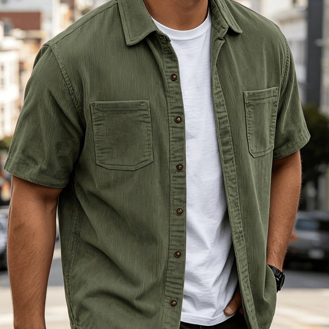 TEMU Summer Men' Color Pinstripe Corduroy Shirt, Lapel Double Loose All-match Short Sleeve Shirt Jacket