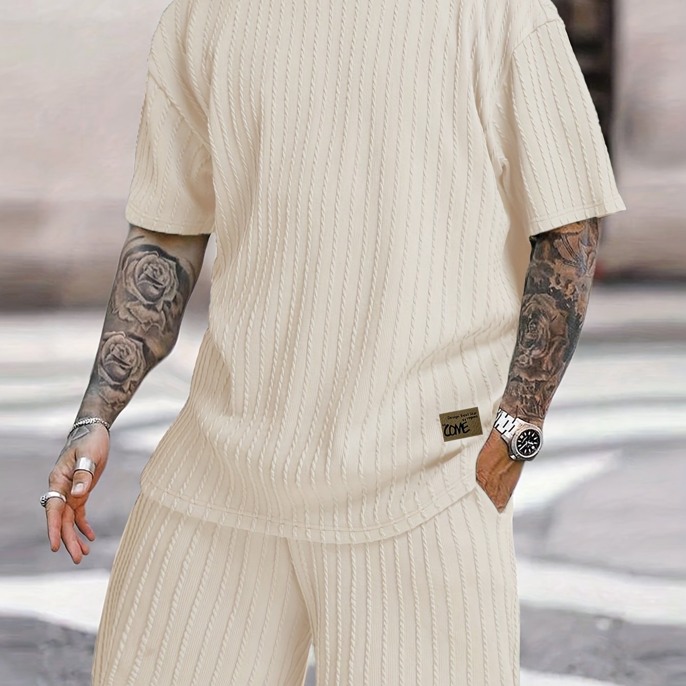 Image of Men's Summer 2pcs Set - Soft And Comfortable - Trendy And Versatile - Casual Fashion Labeled Crew Neck Short Sleeve And Shorts Set