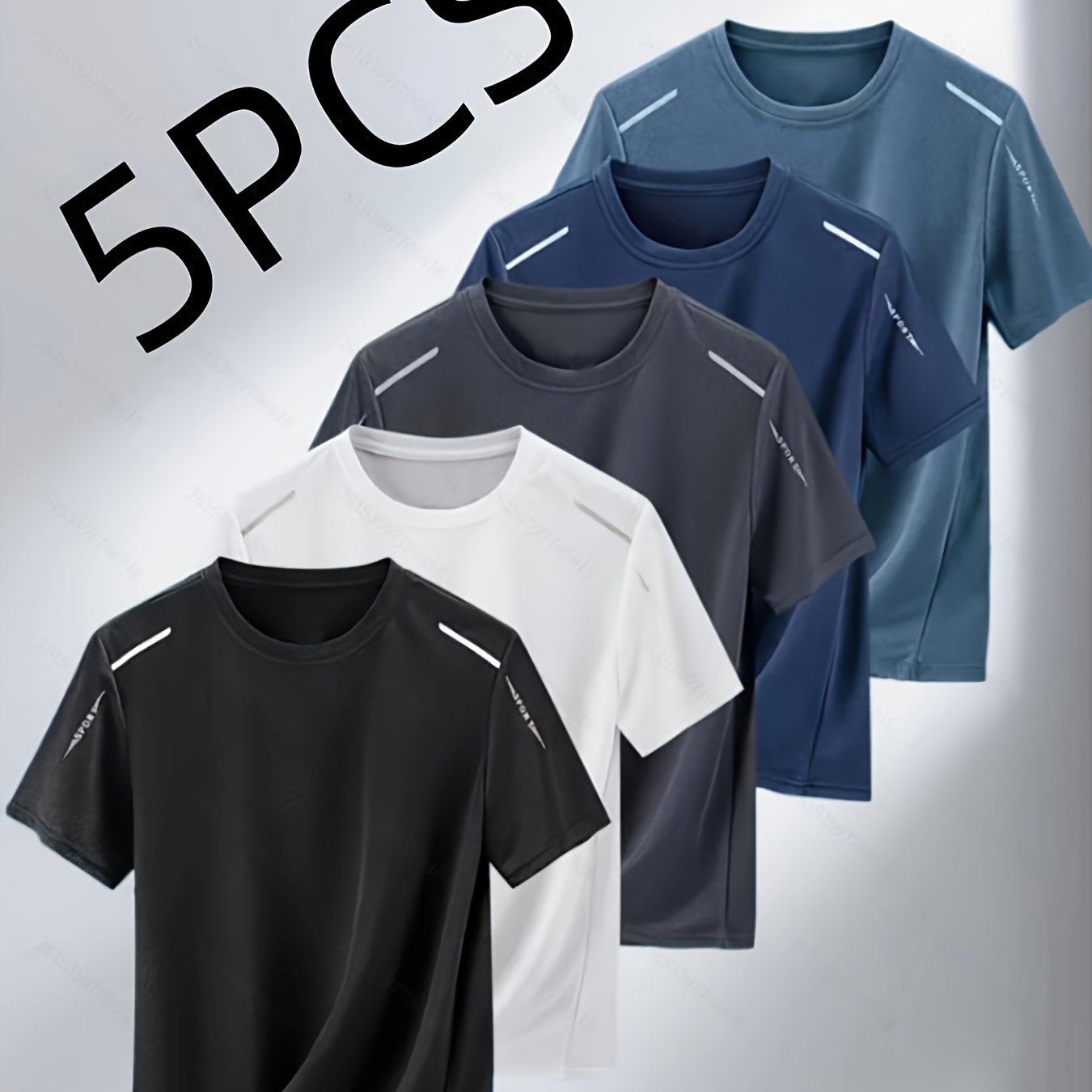 TEMU 5pcs Men's Quick- T-shirts - Breathable, Sweat-wicking Crew Neck Short Sleeves, Multiple Colors Available, Suitable For Gym And Summer
