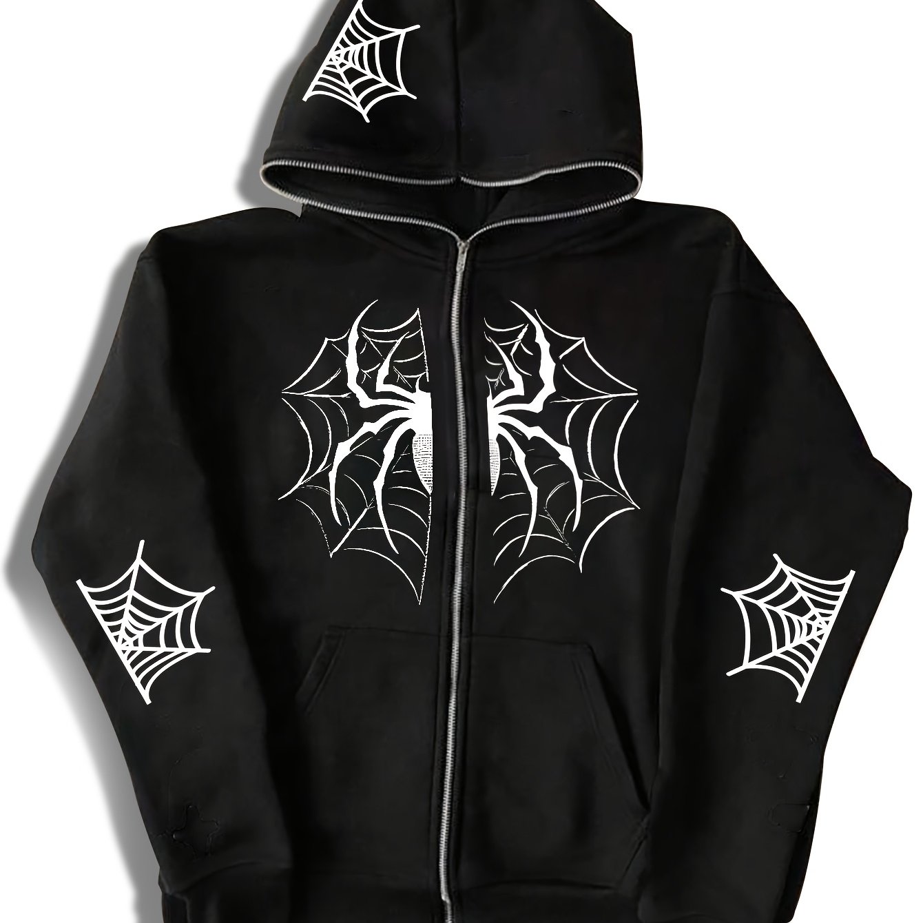 TEMU Trendy Men's Zipper Hoodie, Spider Web Print, Gothic Dark Style, Individual Street Fashion, Easy Design Hooded Jacket