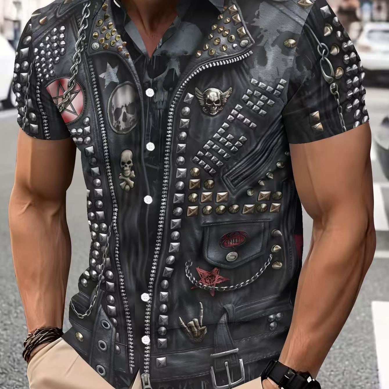 TEMU Biker Style Men's Casual Printed Black Jacket With Skull Print And Rivets, Summer Pattern Highlight, A Perfect Gift