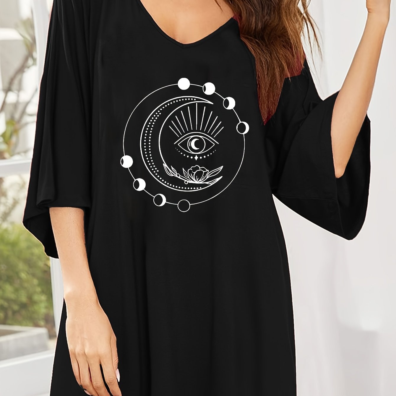TEMU Plus Size Graphic Print T-shirt, Long Sleeve V Neck Casual Top For Spring & Fall, Women's Plus Size Clothing