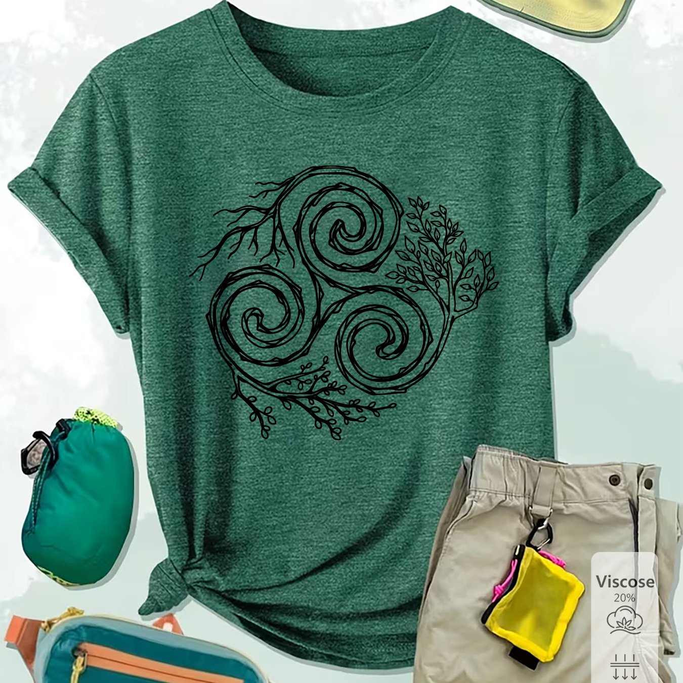 TEMU Women's Celtic Tree Of Life T-shirt - Breathable Short Sleeve Top With Round Neck, Suitable For Gym, Training & Casual Wear, Machine Washable