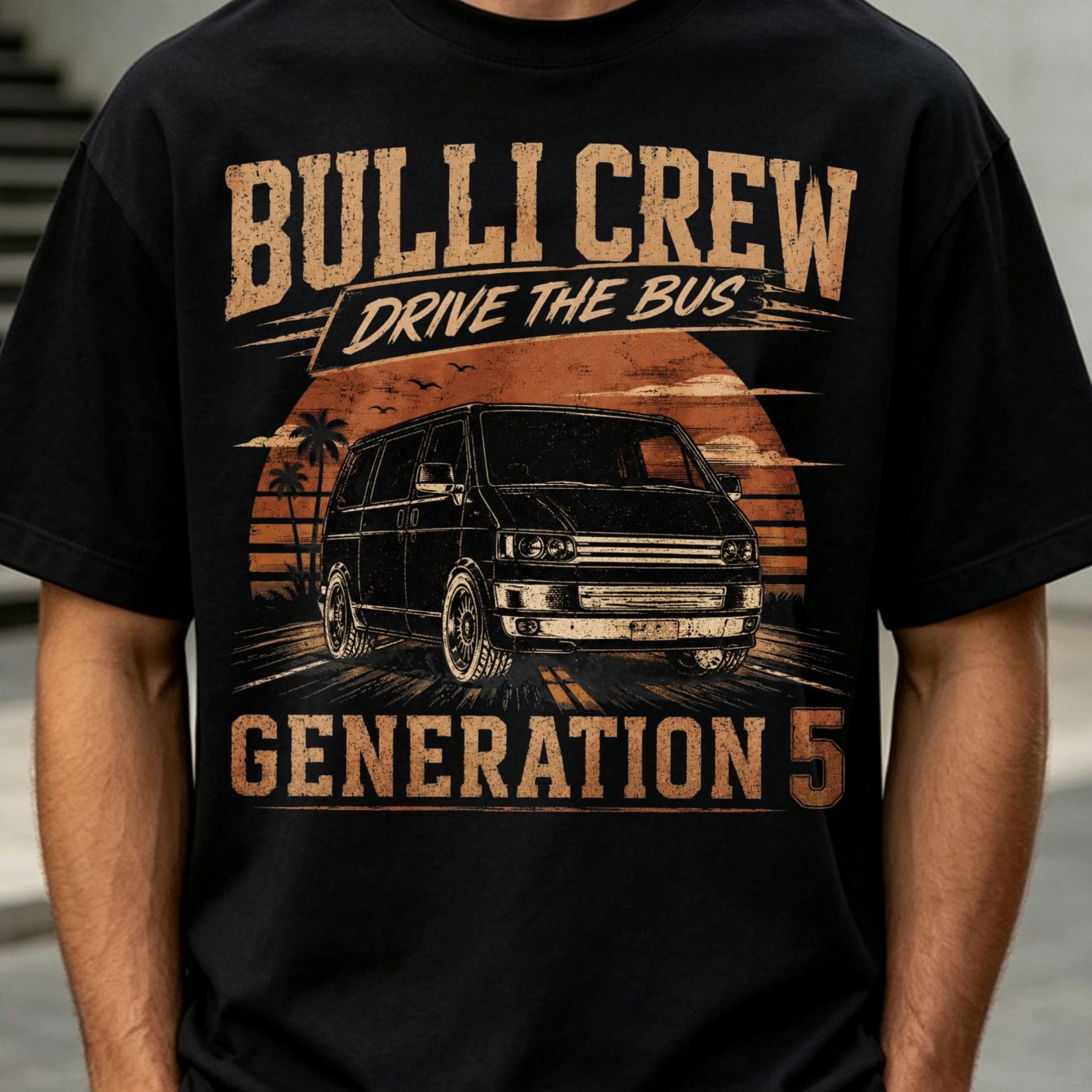 Image of Bulli Crew Driving The Bus Generation 5 T-shirt Retro Van Against Orange Sunset And Palm Trees Vintage Road Trip Graphic Tee Men's T-shirt