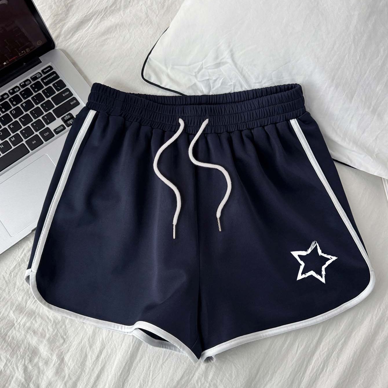 TEMU Fashion Women's Shorts: Korean-style Relaxed Fit, Navy Blue With White Contrast Trim,   Drawstring Design, Dual-wear For Daily Commuting