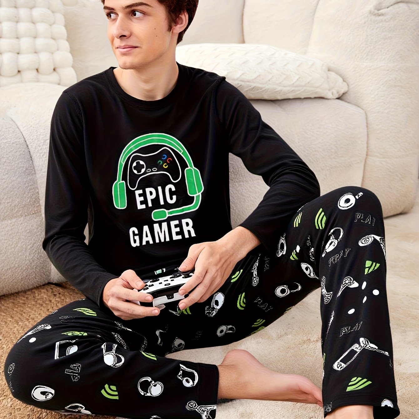 Image of Back-to- ' Gaming Theme Set, Loose Long Sleeve And Long Pants 2pcs Set For Tall Sizes., For Teenager, For Teenager