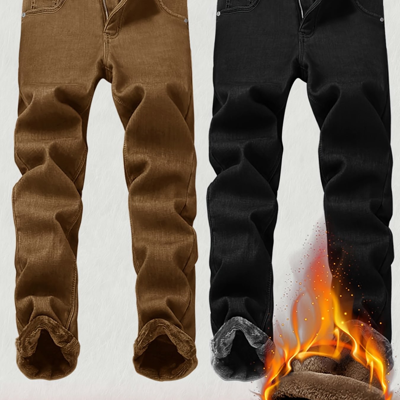 TEMU 2pcs Men's Slim Fit Fleece-lined Jeans, Fashionable Thermal Pants For Winter, Minimalist & Versatile Style
