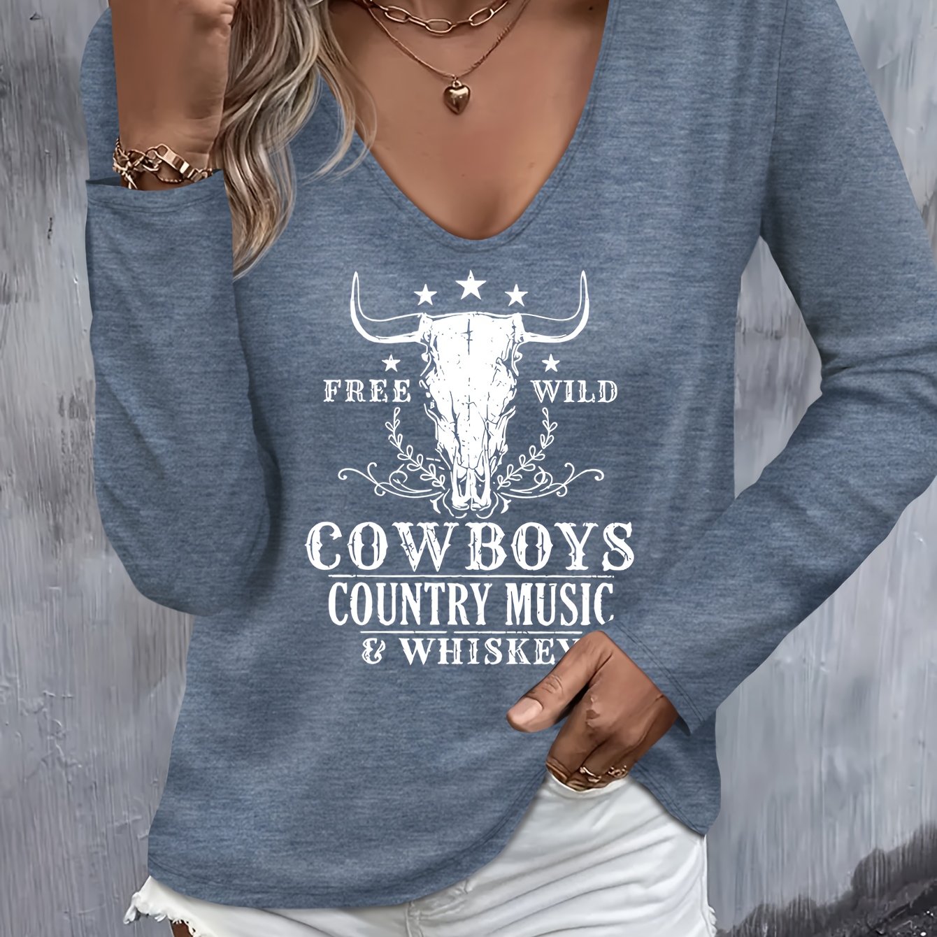 TEMU Western Music Pattern Print Women's Fall Winter Sweater Casual Versatile Easy Comfortable Fashion Leisure V-neck Long Sleeve T-shirt