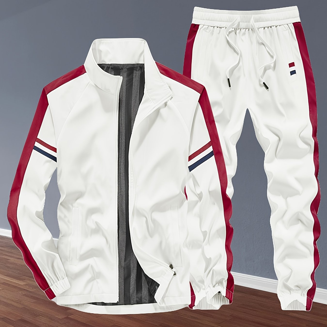 Image of Unisex Tracksuit Set Colorblock Stand Collar Zip-up Jacket And Side Stripe Pants Breathable Mesh Lining Casual Fitness 2pcs Outfit For Golf Hunting Fishing Carnival Gym Father's Day Gift