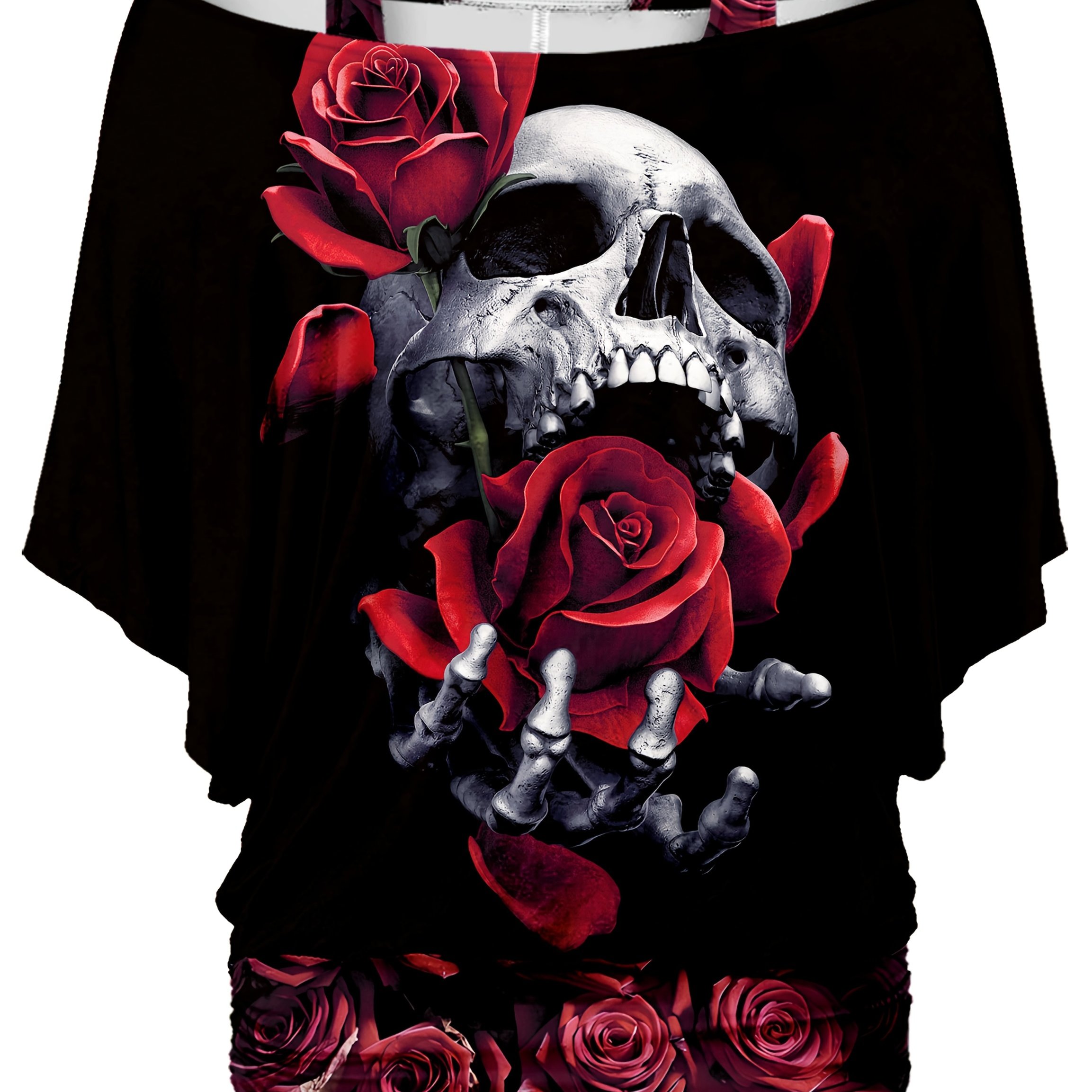 Image of Plus Size - Plus Size - Women's Rose Skull Art Printed Loose Off Shoulder Short Sleeve Horror Halloween Top Plus T Shirts Halloween Gift Machine Washable