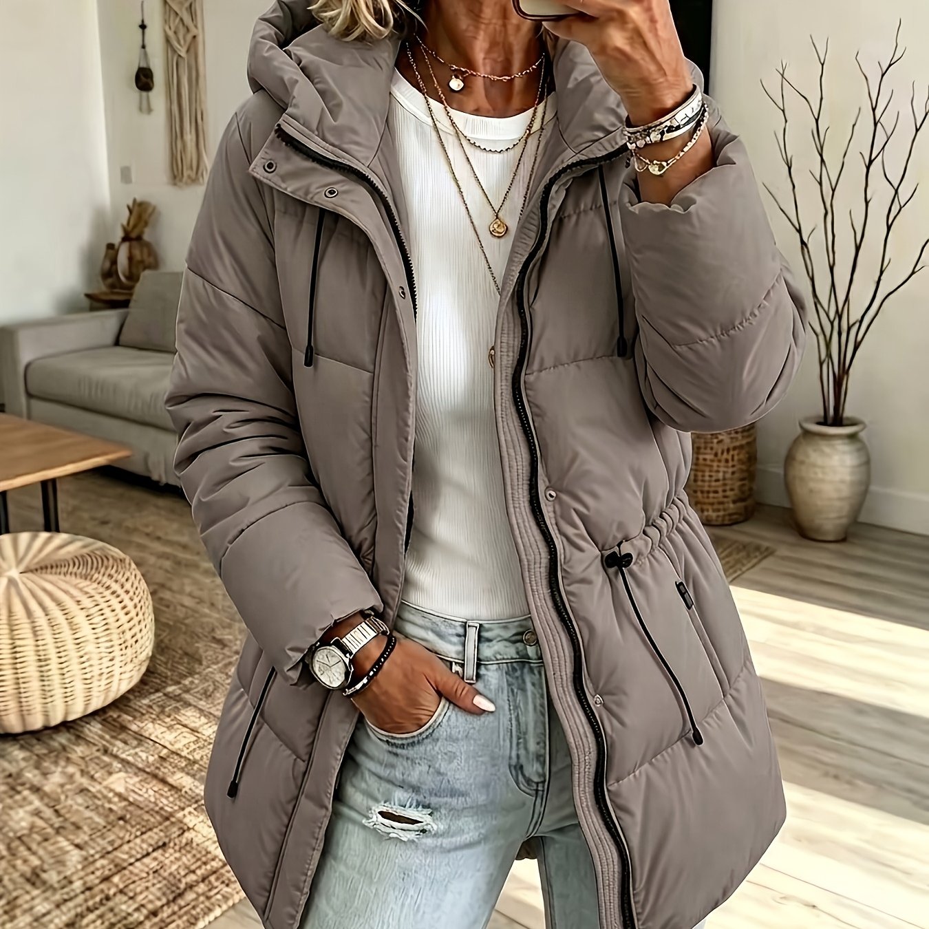 TEMU Women's Autumn And Winter Cardigan-coloured Thickened Warm Hooded Coat With Zipper, Fashionable And Casual Adjustable Waistband, Mid-length