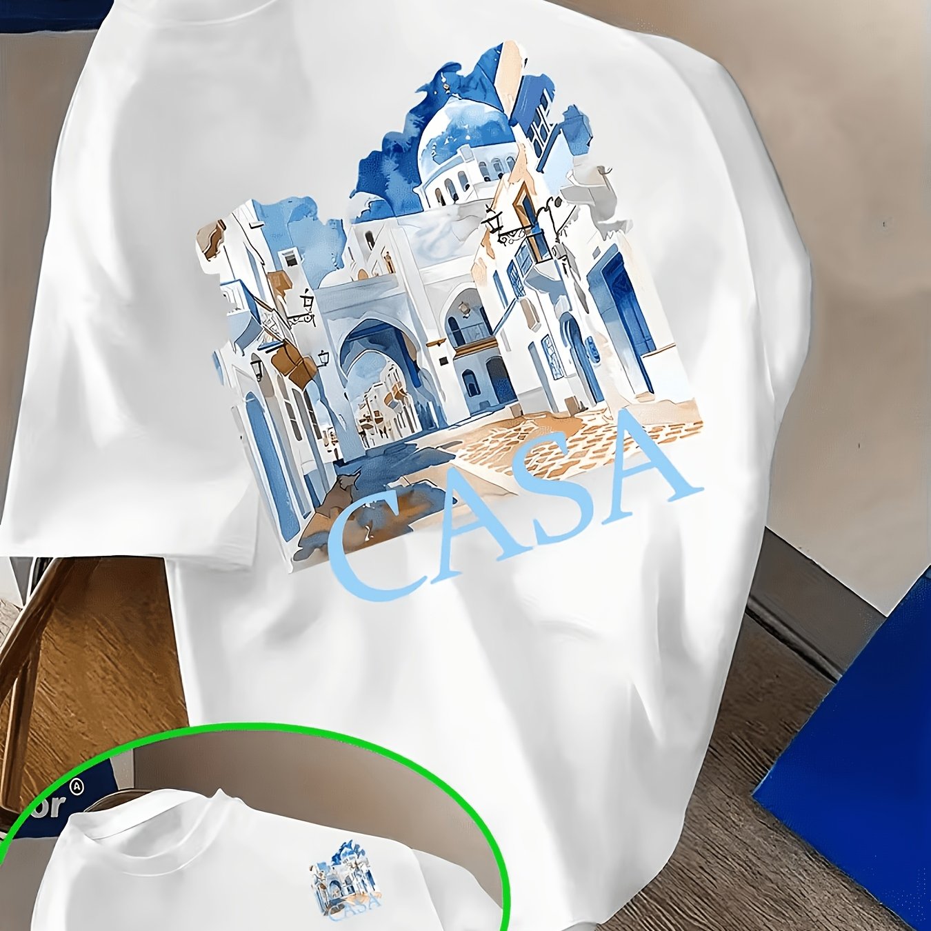 TEMU Mediterranean North African Aqua T-shirt - Light Blue, Suitable For Daily Wear And Casual Sportswear, Featuring Neck And Short Sleeves, With A
