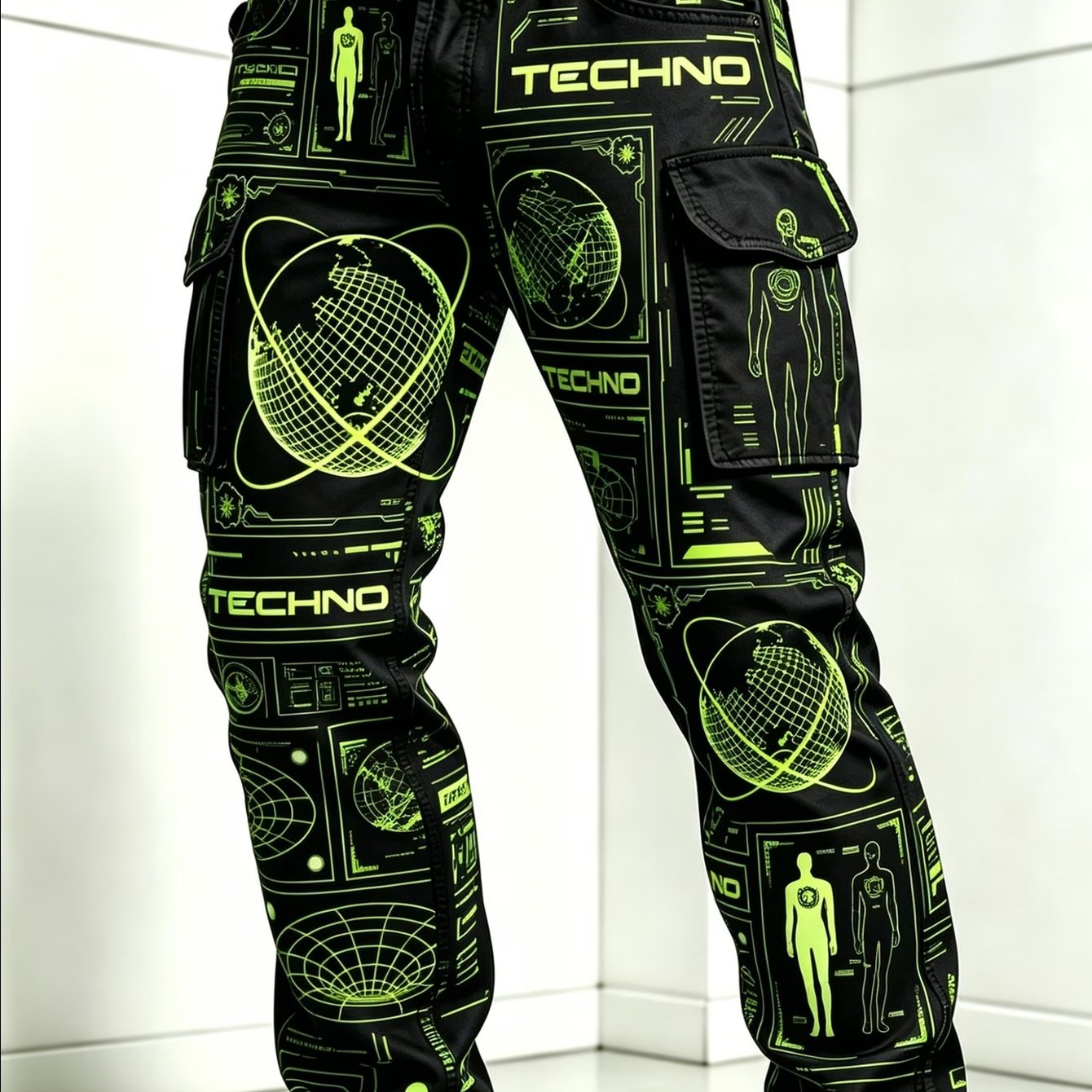 Cargo Pants, Casual Wear Music Festival, Nightclub& Daily , Neon Green Graphic, Perfect For Outdoor, For Teenager