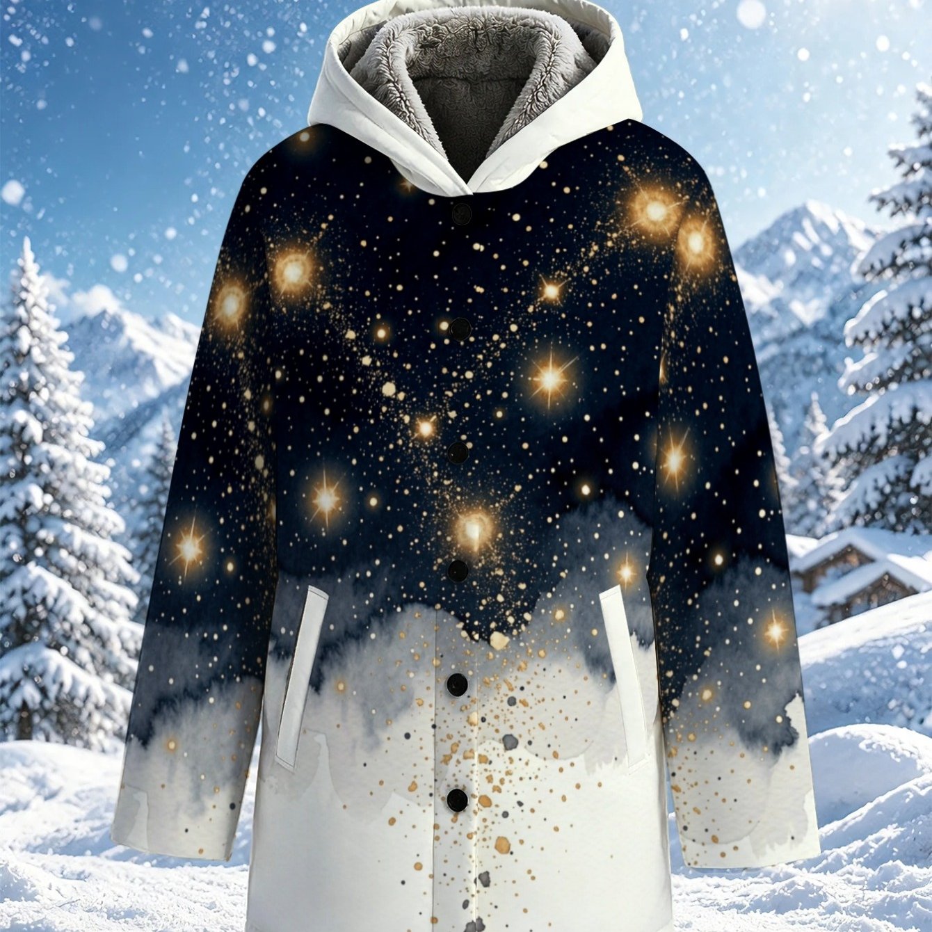 TEMU Lianyaoshi[printed Designnot Textured] Womens Fleece-lined Hooded Coat For Winter Outdoors, Scene, Starry Night Print, Warm Lightweight Design,