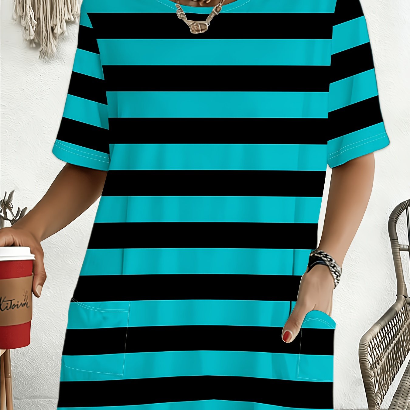 TEMU Blue And Black Striped Plus Size Women's T-shirt