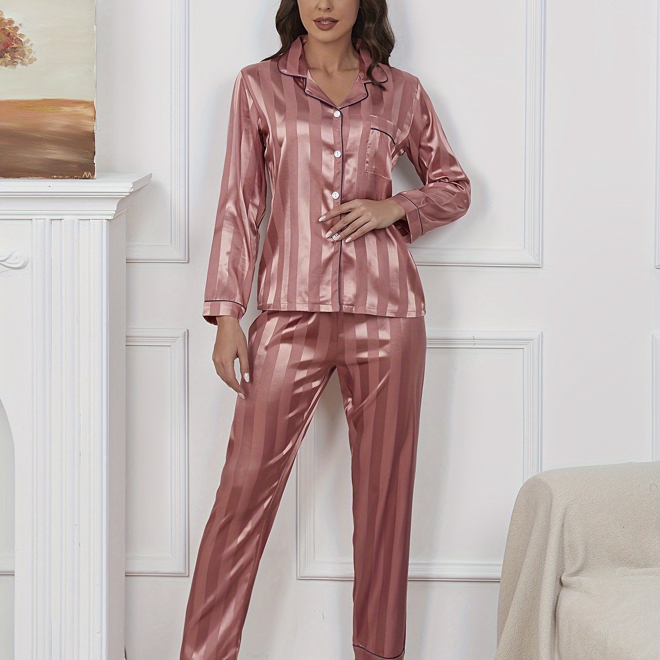 TEMU Women's Sleepwear Set Featuring A Long-sleeve Cardigan With A Satin End And Matching Long-sleeve Pants, Made From Satin With A Jacquard Vertical