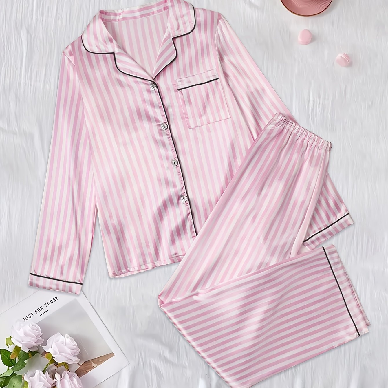 Image of Open Front Button Stripe Print Long Sleeve Pants Satin Comfortable Sleepwear Set