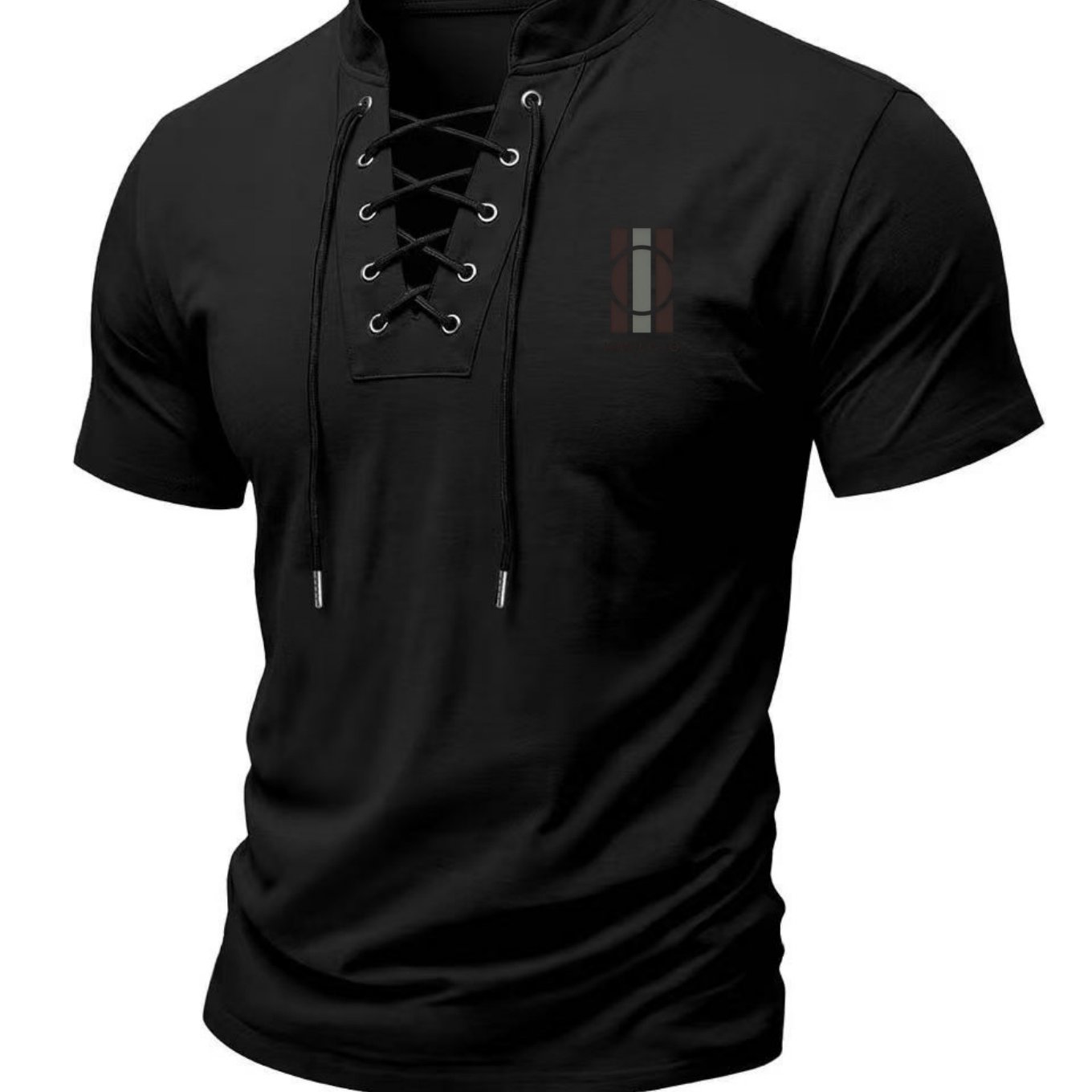 TEMU Western Summer Men's Stand-collar Short Sleeve T-shirt, Easy Geometric Lines Embellishment, Stable And -collar Tie-string Style, Taste, Smooth