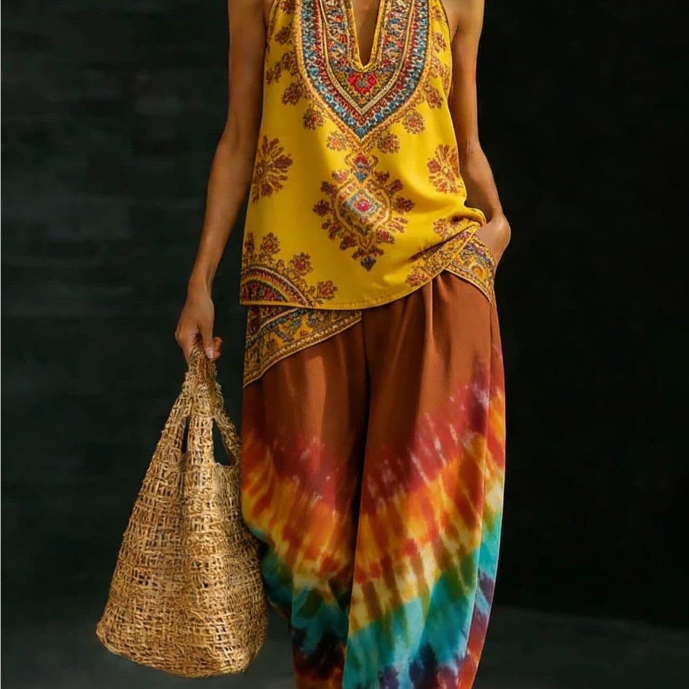Image of Plus Size, Tribal Print Halter Top & Tie-dye Gradient Wide Leg Pants Set, Bohemian Vacation 2pcs Outfit With V-neck, Perfect For Summer Trips And Statement Looks
